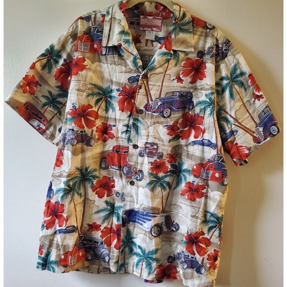 RJC Hawaiian Shirt Short Sleeve Size L Made in USA Hot Rod Cars Beach Cruise - Picture 1 of 13